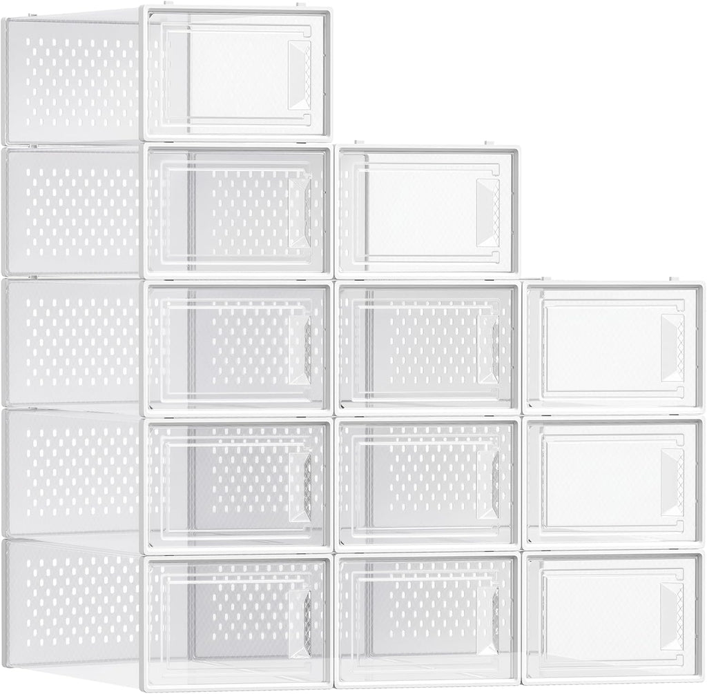 SONGMICS Shoe Boxes, Pack of 12 Shoe Storage Organizers, Stackable Clear Plastic Boxes for Closet, Sneakers, 13.1 x 9.1 x 5.6 Inches, Transparent and White ULSP12SWT