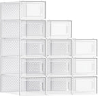 SONGMICS Shoe Boxes, Pack of 12 Shoe Storage Organizers, Stackable Clear Plastic Boxes for Closet, Sneakers, 13.1 x 9.1 x 5.6 Inches, Transparent and White ULSP12SWT