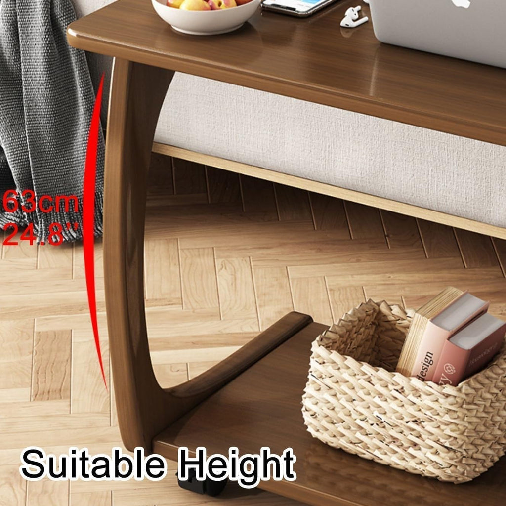 C-Shaped Rolling Sofa Side Table with Wheels, Mobile Snack End Table, Portable Workstation for Living Room and Bedside (Natural 60cm)