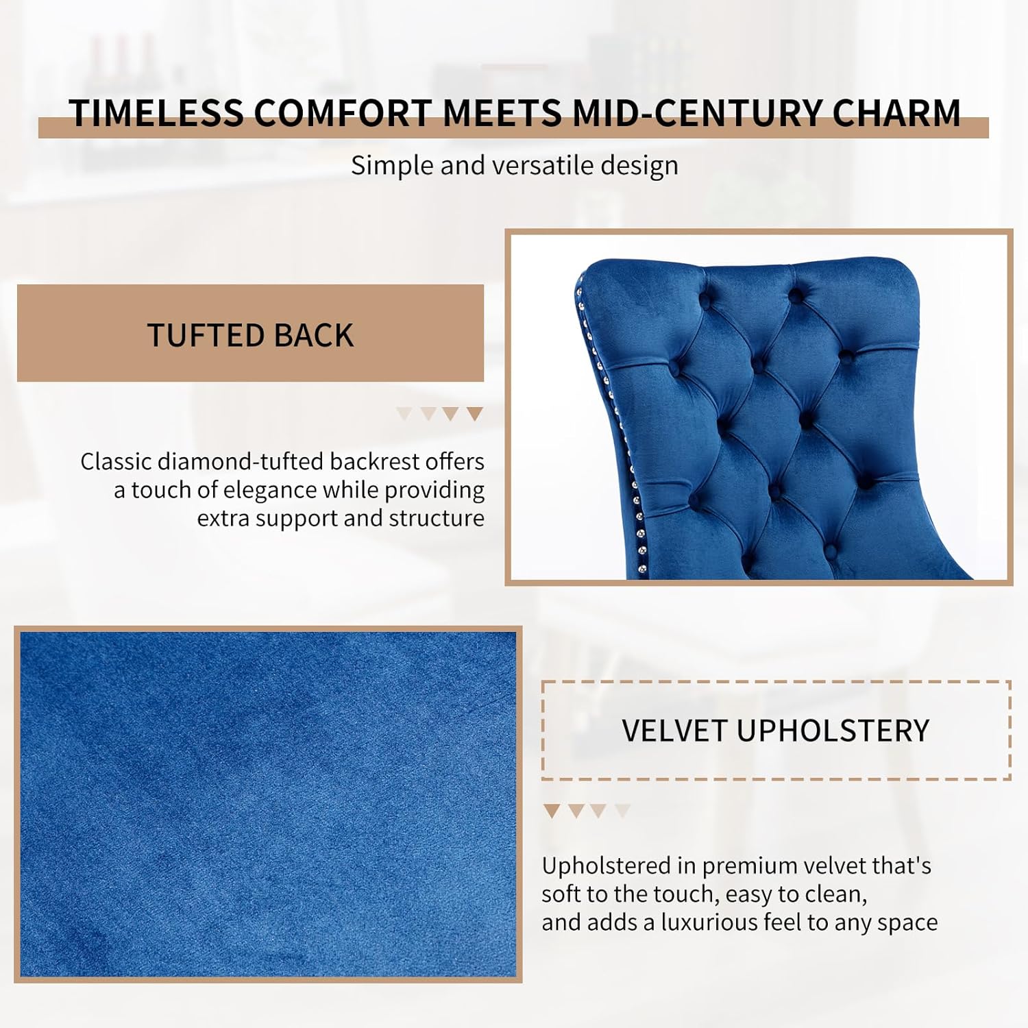 Mid Century Modern Dining Chairs Set of 4, Blue Velvet Upholstered Tufted Back, Kitchen & Dining Room Chairs, Brushed Silver Metal Legs, Nailhead Trim, Sillas para Comedor (Blue, 4 Pcs)