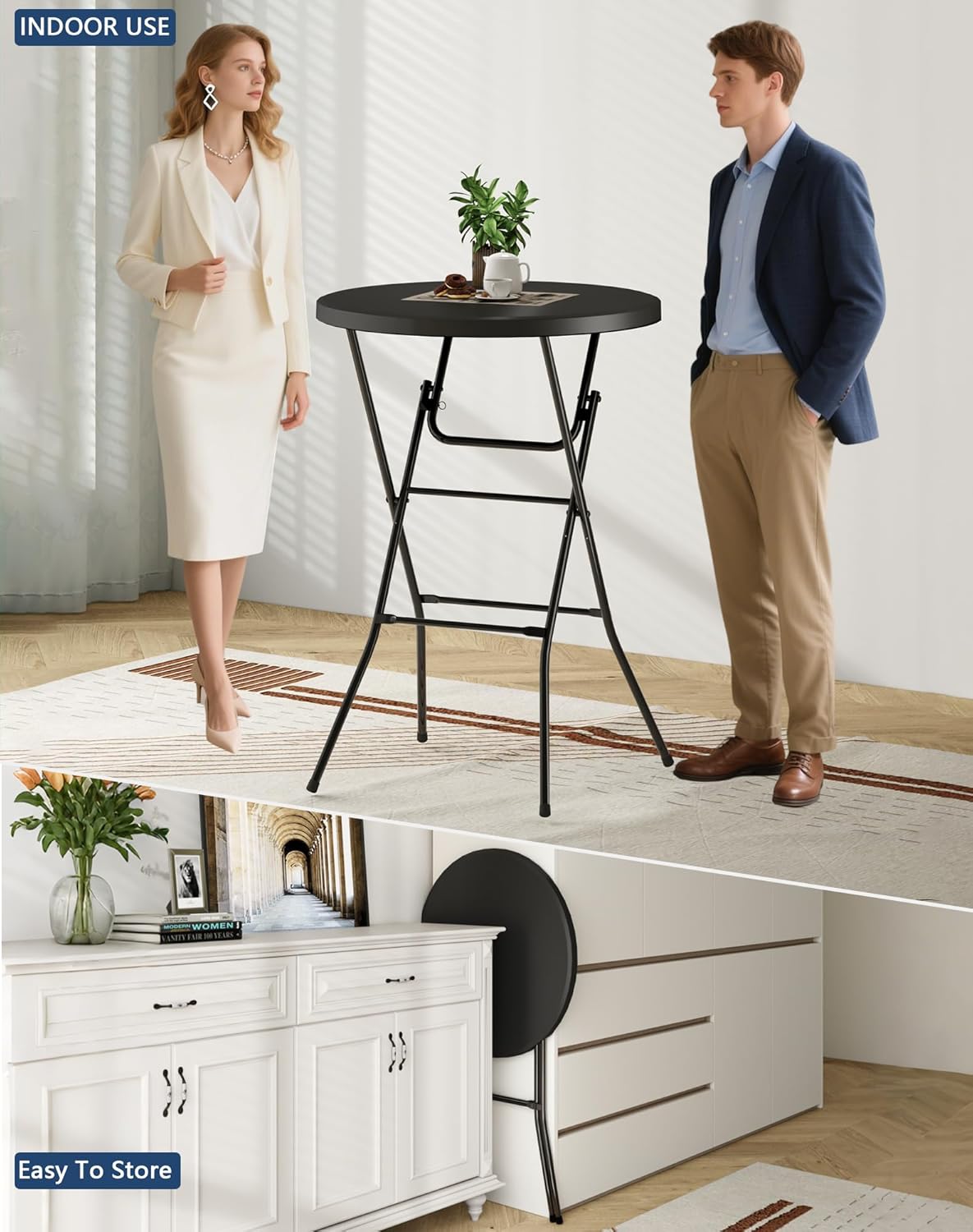 Round Folding Table, 32" Bar Height Tables for Parties and Commercial Events, Portable Plastic Table w/Thick Table Top, Metal Frame, Locking Legs, Indoor Outdoor Accessory, 2 Pack, Black