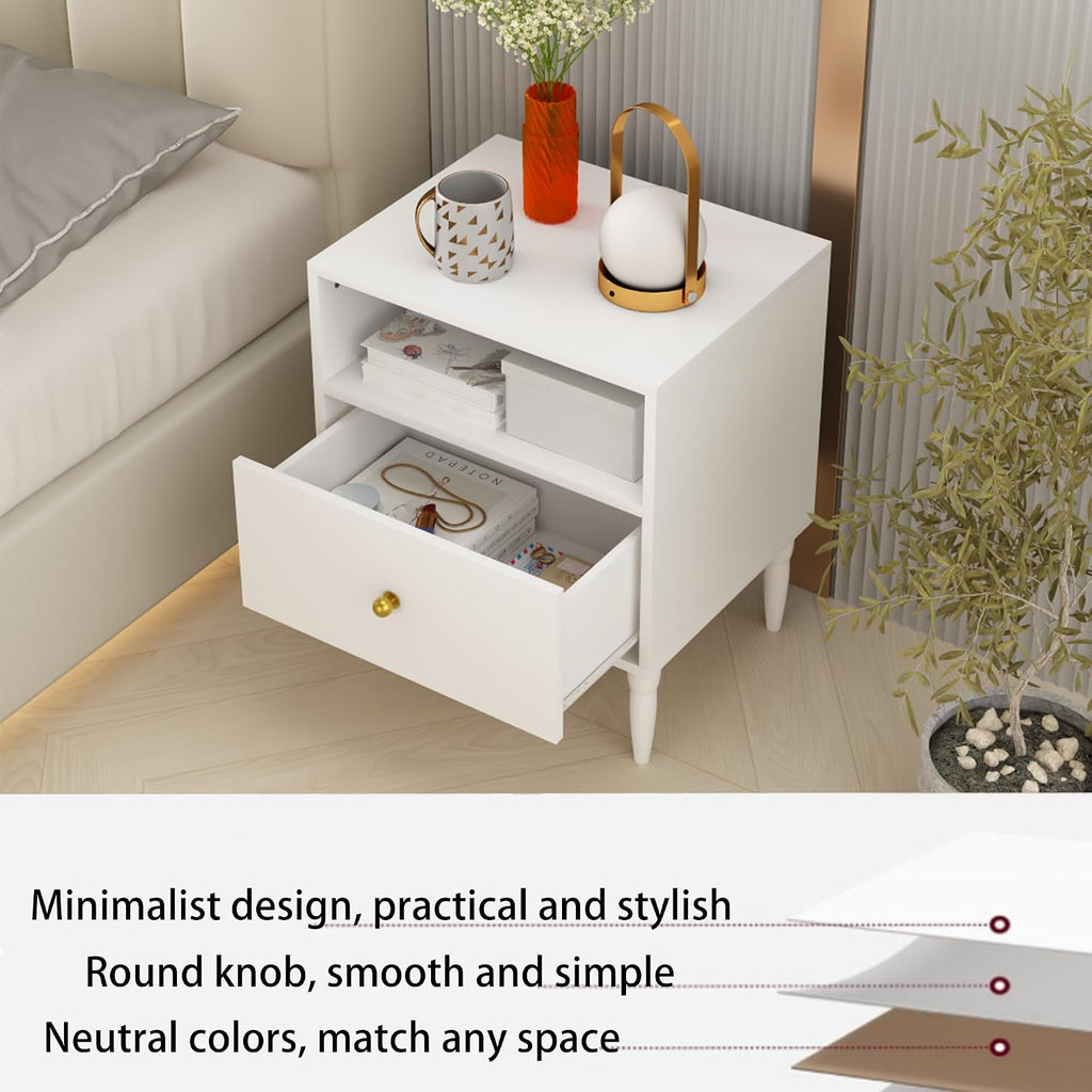 Modern White Nightstand with Drawer & Open Shelf - Gold Knob Bedside Table for Bedroom & Living Room (White)