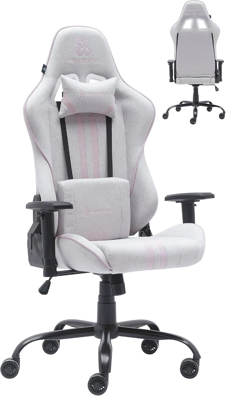 NEWSKILL Kitsune V2 Breathable Fabric Gaming Chair, Lumbar and Cervical Cushions Included, 180 Recliner, Supports up to 300 lbs, Pink