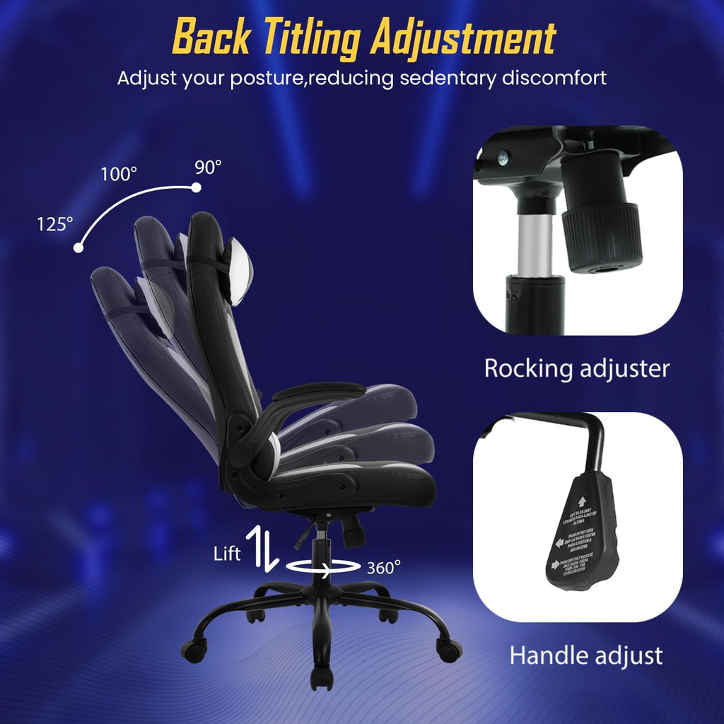 Ruesleag Ergonomic PC Gaming Chair Office Computer Chair w/Lumbar Support Flip Up Arms Headrest PU Leather Study Desk Chair Executive Office Chair High Back Video Racing Chair for Adults,White