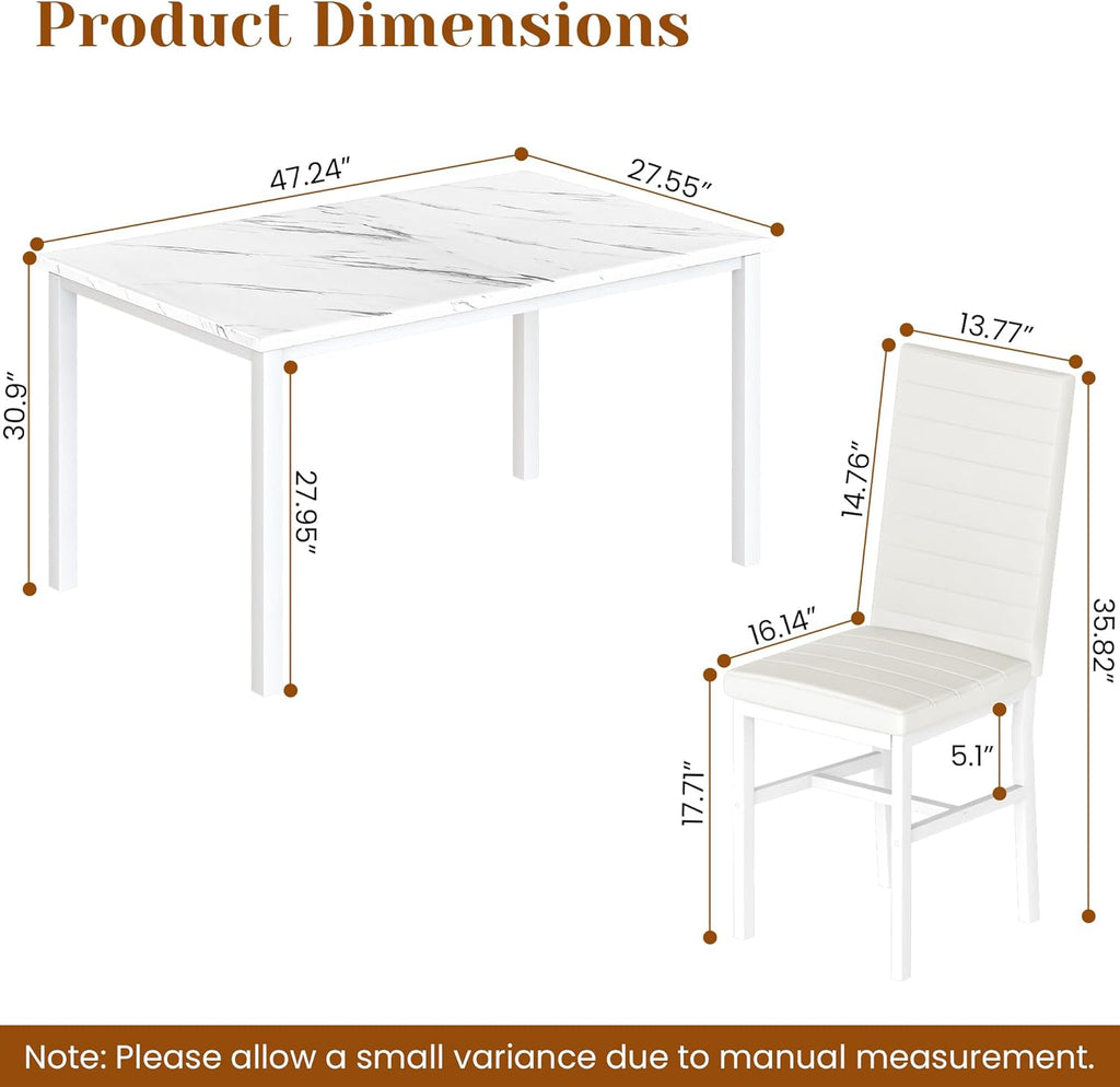 Hooseng Dining Table Set for 4, 5-Piece Faux Marble Dinner Table Set with 4 Upholstered PU Leather Chairs Kitchen Table Chairs Set Modern Space-Saving Dinette Set for Breakfast Nook Apartment White