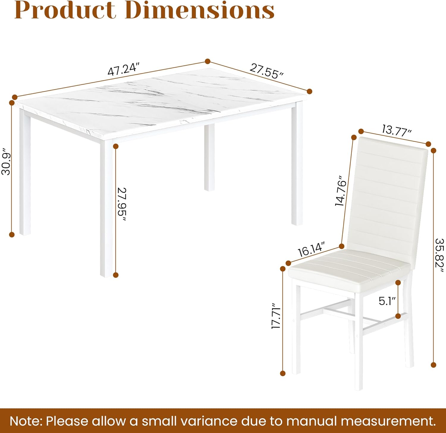 Hooseng Dining Table Set for 4, 5-Piece Faux Marble Dinner Table Set with 4 Upholstered PU Leather Chairs Kitchen Table Chairs Set Modern Space-Saving Dinette Set for Breakfast Nook Apartment White