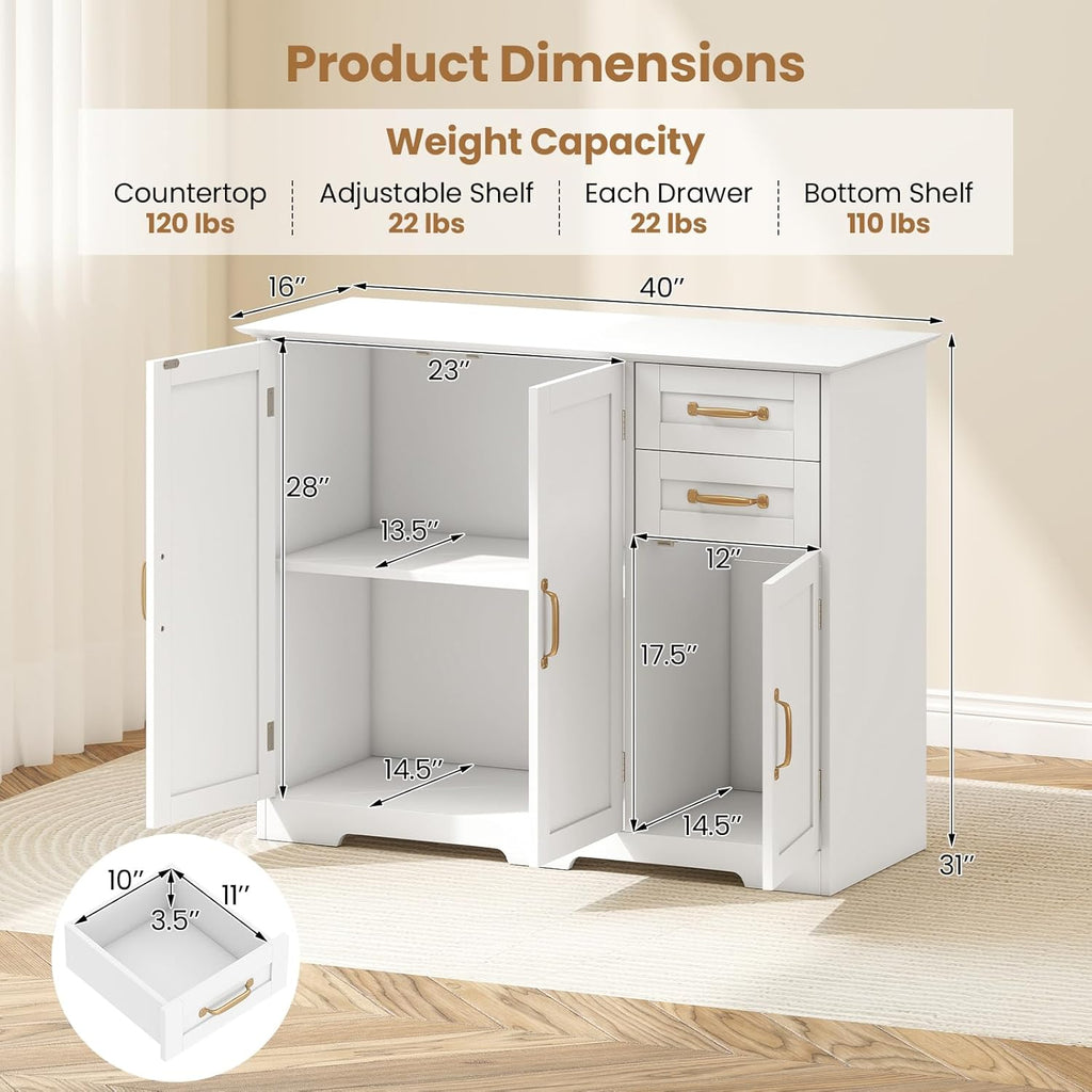 Kitchen Buffet Cabinet, Modern Sideboard with Drawers & Adjustable Shelves, Wooden Credenzas for Living Room, 40" Console Cabinet for Dining Room, Coffee Bar, Entryway (White)