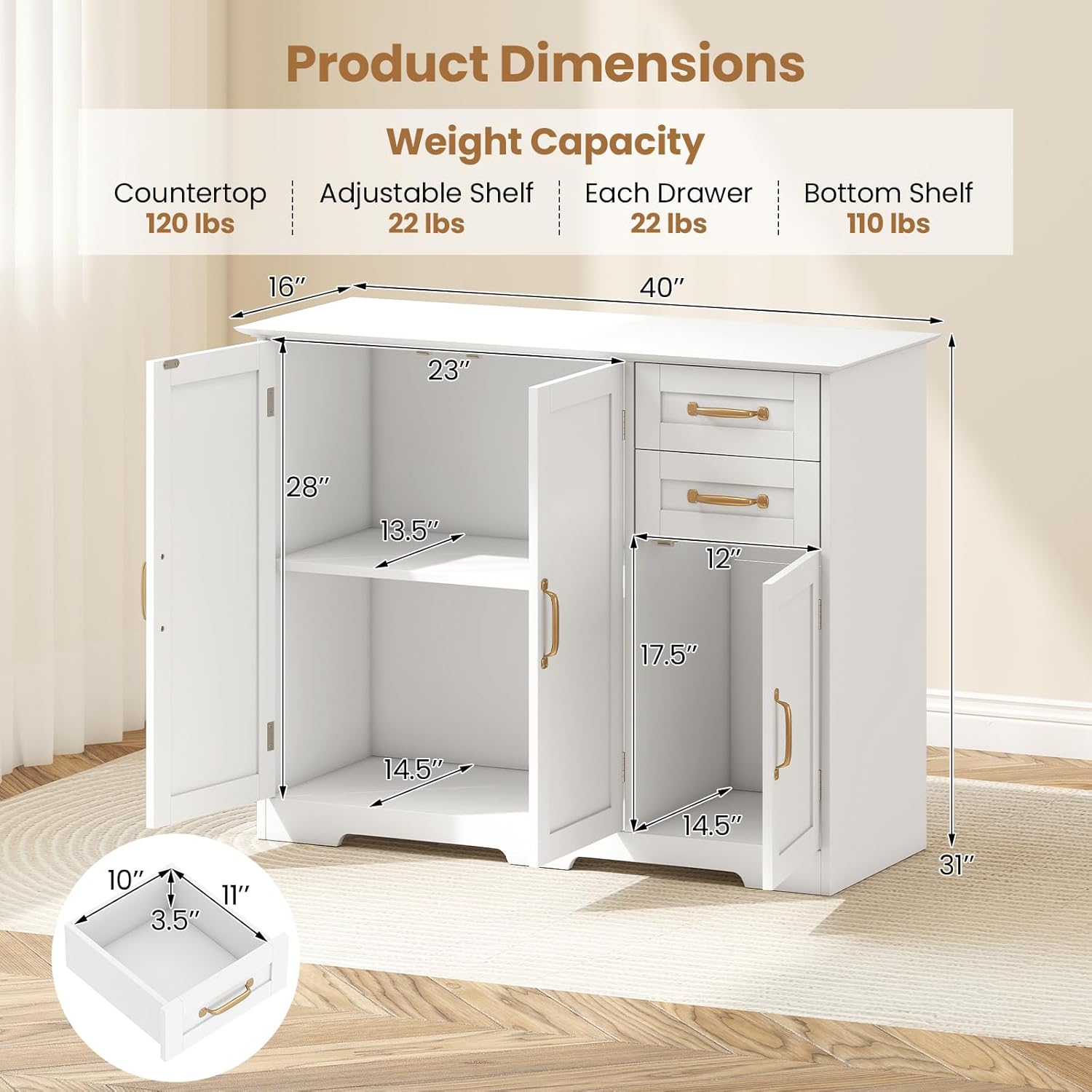 Kitchen Buffet Cabinet, Modern Sideboard with Drawers & Adjustable Shelves, Wooden Credenzas for Living Room, 40" Console Cabinet for Dining Room, Coffee Bar, Entryway (White)