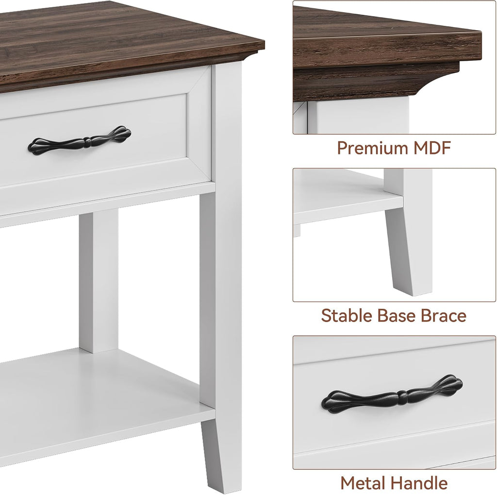 Side Table, Wood Coffee Table with Drawer Square Nightstand with Open Storage Shelf Narrow End Table 23.4'' Tall Sofa Table for Living Room, Bedroom, Office, White
