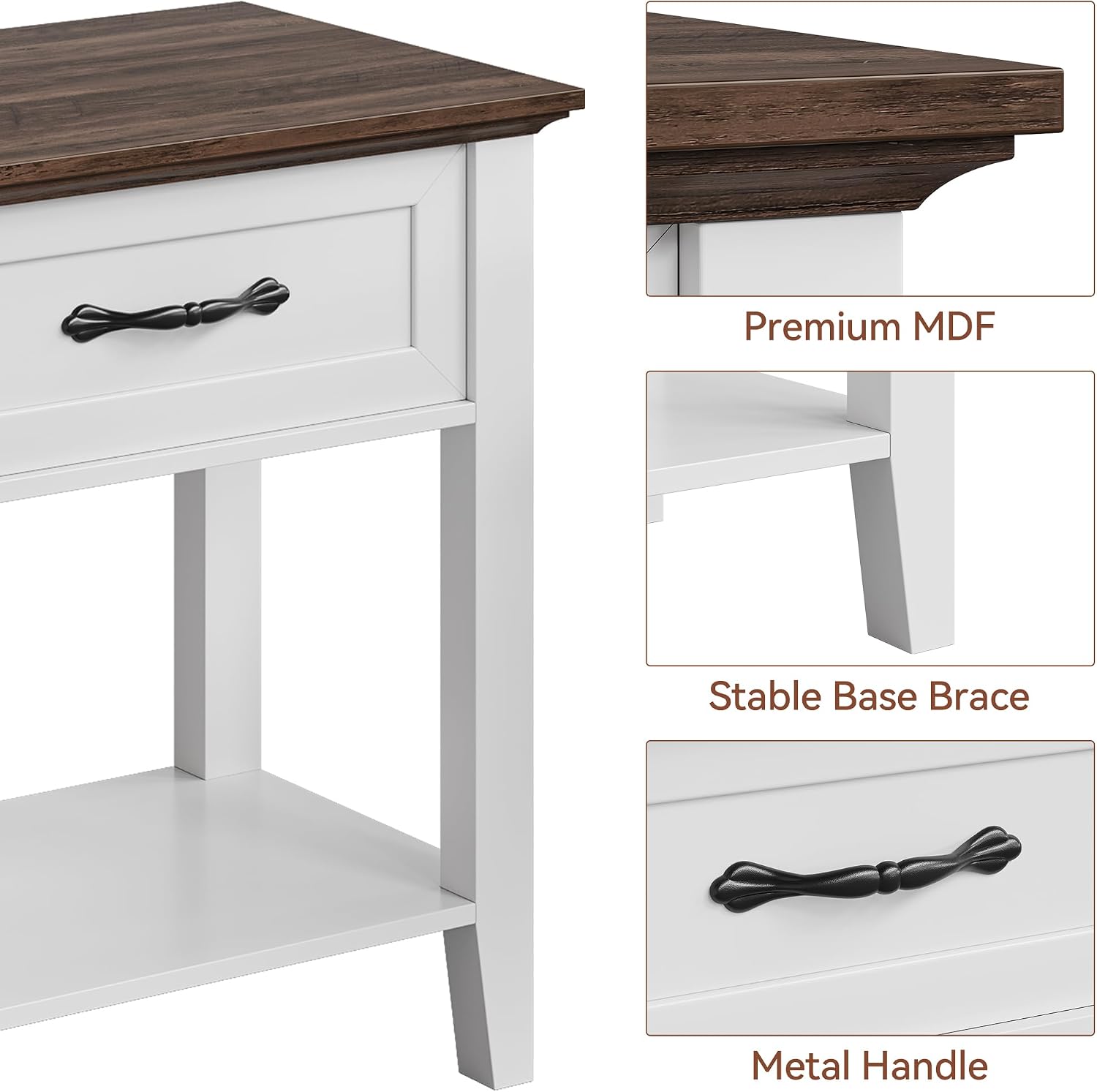Side Table, Wood Coffee Table with Drawer Square Nightstand with Open Storage Shelf Narrow End Table 23.4'' Tall Sofa Table for Living Room, Bedroom, Office, White