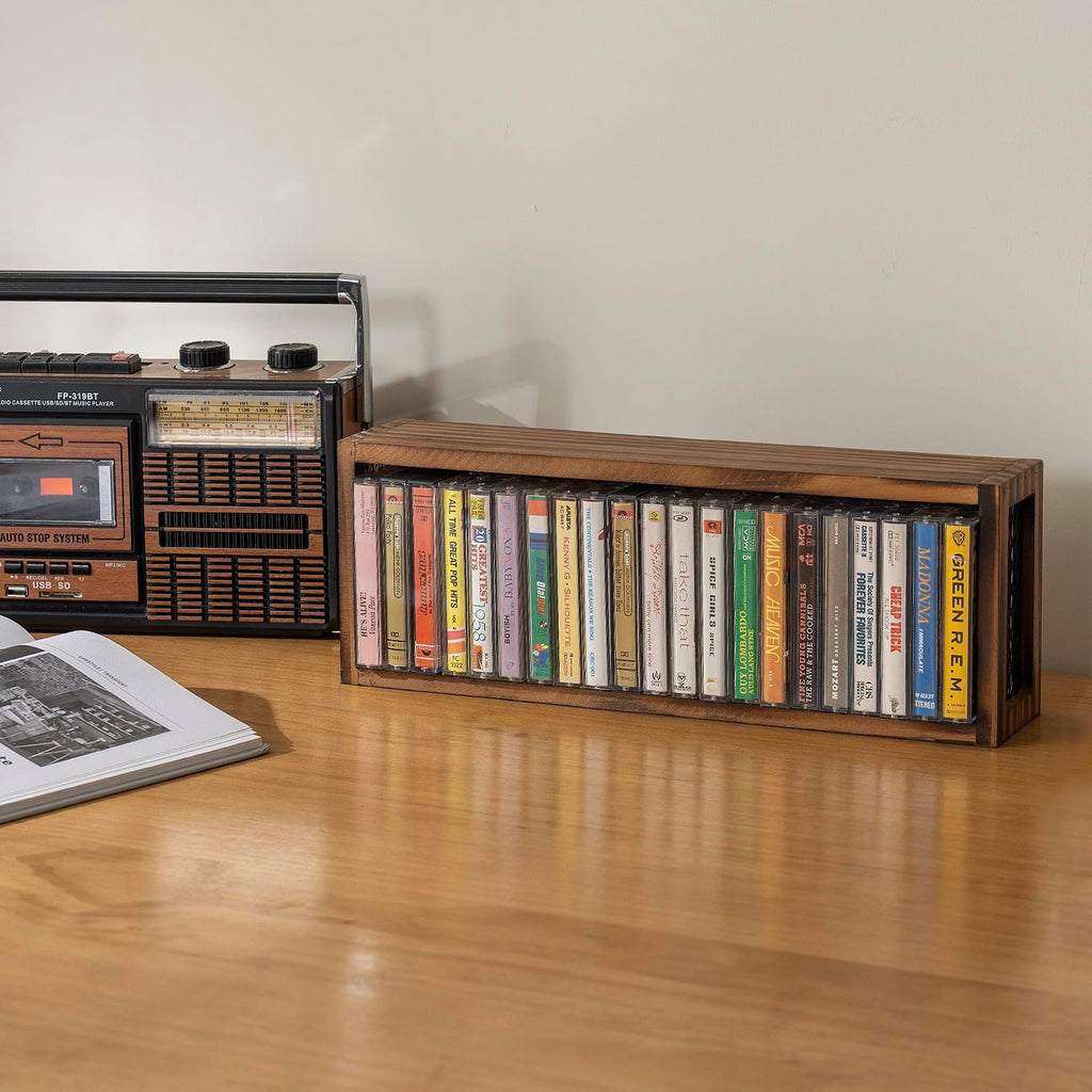 FARM IN Cassette Tape Storage, Farmhouse Style Cassette Rack Towe for Table or Wall Mount, Rustic Solid Burnt Wood & Diamond Metal Wire Mesh