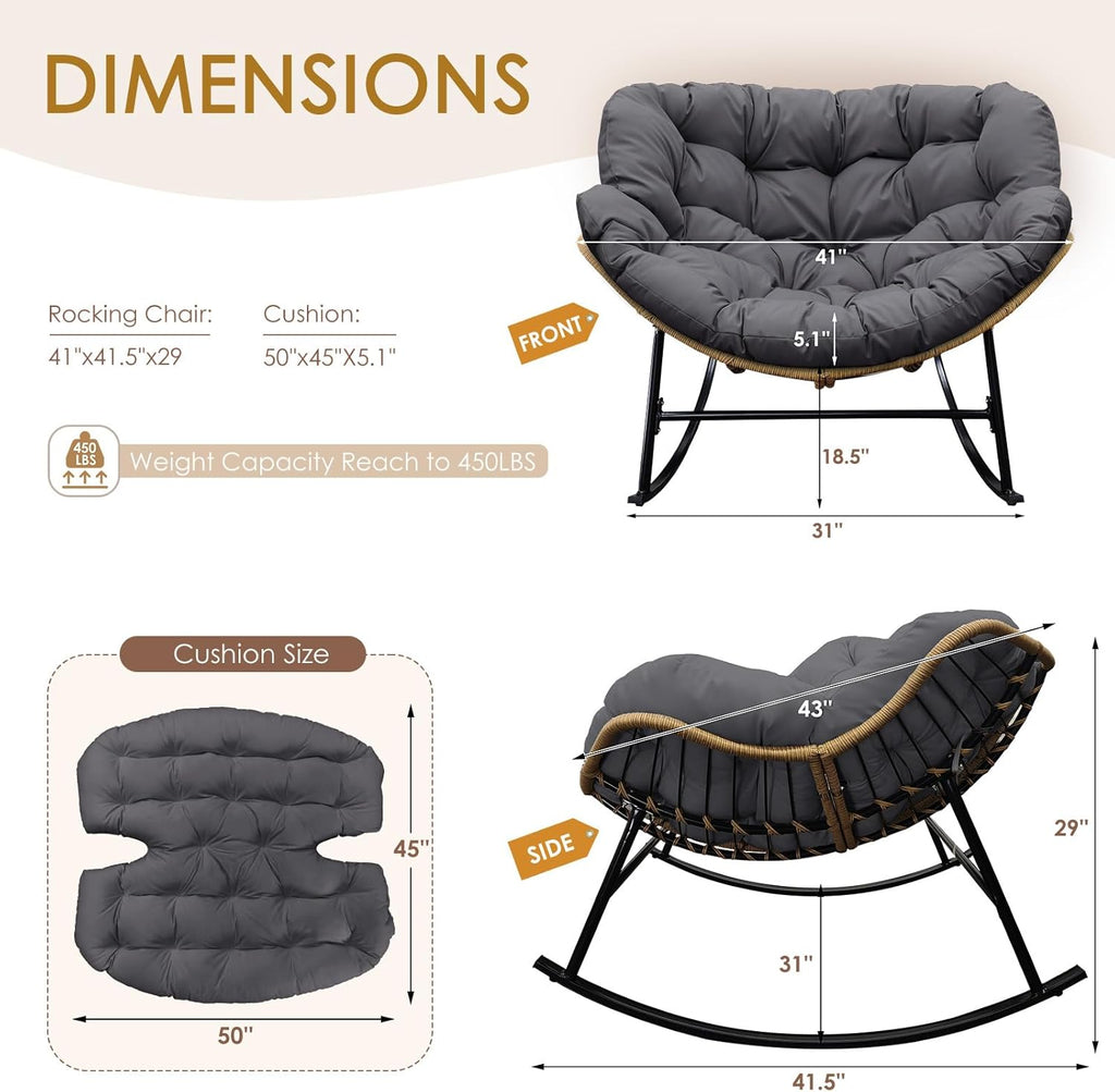 NICESOUL Outdoor Papasan Rocking Chair with Cushion, All-Weather Patio Egg Rocker, Oversized Rattan Glider for Reading & Relaxing, Large Comfy Recliner Lounge Chairs for Balcony Garden Backyard, Grey