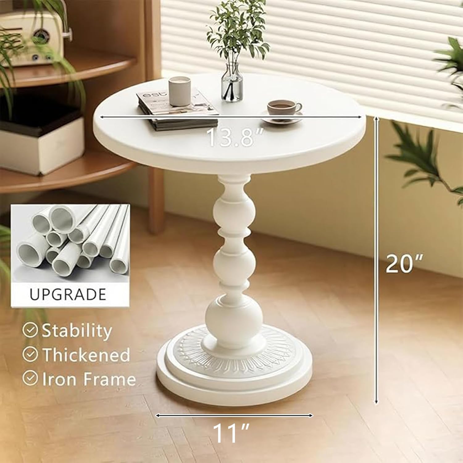 Funecy Metal Small End Table,Vintage Matte Black Round Side Table Nightstand for Bedside or Sofa,Small Accent Pedestal Table for Living Room Corners Bedroom Patio and bar (Light White)