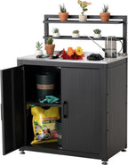FEASTO Outdoor Potting Bench Table with Storage Cabinet, Stainless Steel Garden Workstation with Raised-Edge Top, Adjustable Shelf & Removable Hutch, Potting Table for Patio, Balcony, Black/Coffee