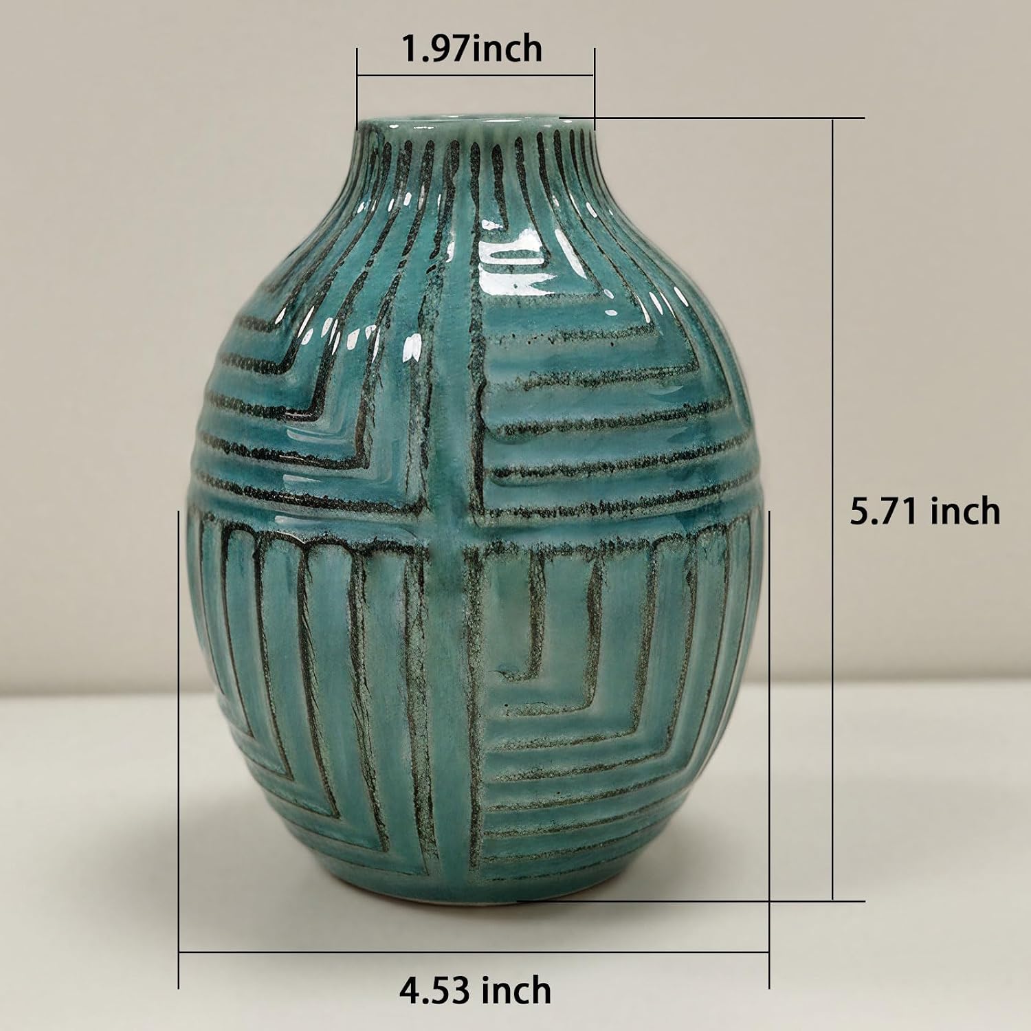 hjn hjn Teal Hand-Glazed Ceramic Vase - 5.7" H Modern Decorative Centerpiece Vase for Fresh/Dried Flowers, Home Decor for Living Room Bookshelf Mantel | Wedding Housewarming Gift