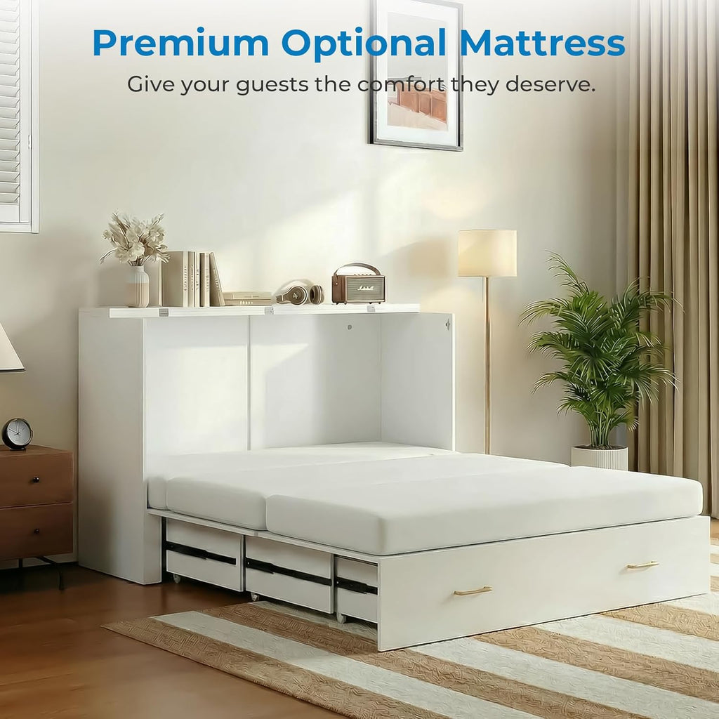 Mjkone Queen Size Murphy Cabinet Bed with RGB LED Lights, High Gloss MDF Murphy Beds with Tri-Folding Mattress Included, Convertible Chest Cabinet Bed with Storage Drawers for Small Spaces, White