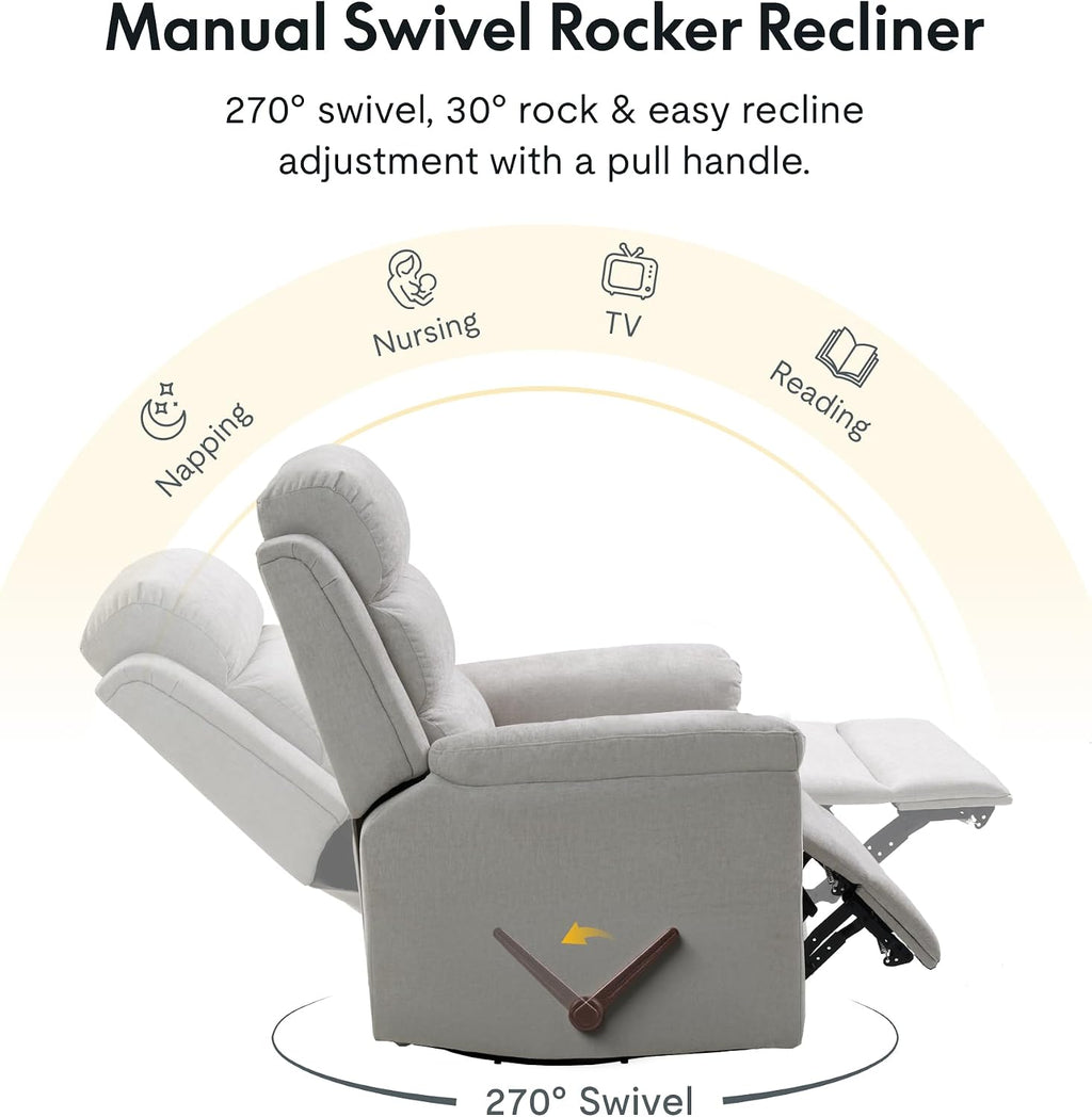 FLEXISPOT Souffle Swivel Rocker Recliner Chair for Adults, Nursery Rocking Glider Chair with Massage & Heat, FSC Wood Frame, Manual Recliner for Living Room, Nursery & Relaxation, Light Grey
