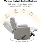 FLEXISPOT Souffle Swivel Rocker Recliner Chair for Adults, Nursery Rocking Glider Chair with Massage & Heat, FSC Wood Frame, Manual Recliner for Living Room, Nursery & Relaxation, Light Grey