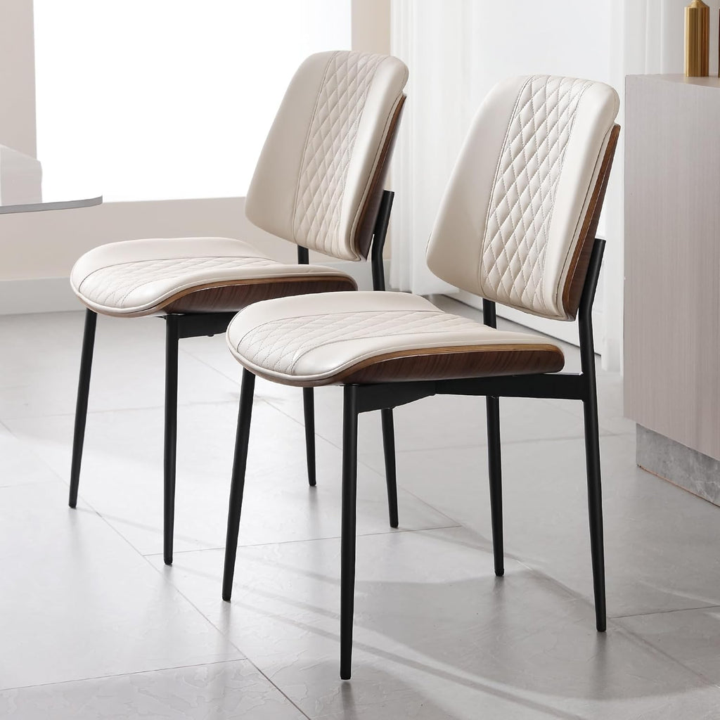 BV Dining Chairs Set of 4, Mid Century Modern Walnut Bentwood Side Chairs with PU Leather and Metal Legs, Retro Armless Accent Seating for Kitchen Dining Room (Beige)
