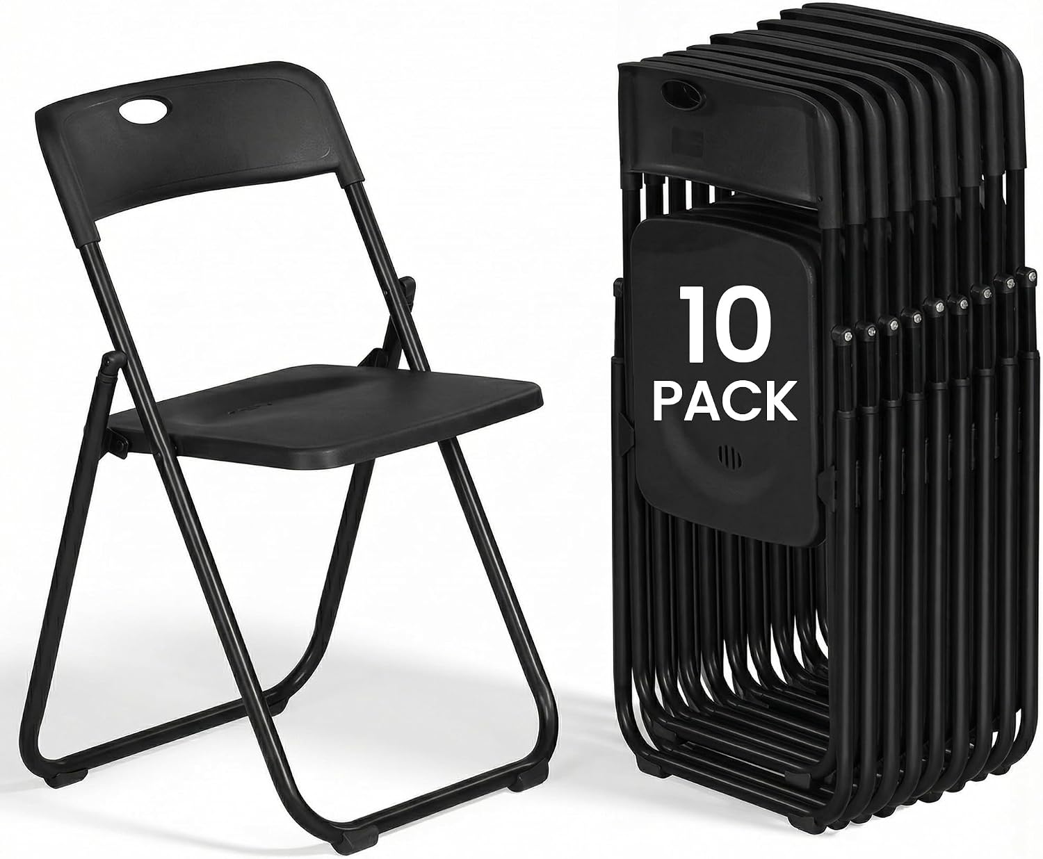 Black Folding Chairs 10 Pack Foldable Plastic Stackable Sturdy Seats for Office Family Wedding Dinner Party Events Entertaining, Steel Frame, Heavy Duty 350 lbs Capacity