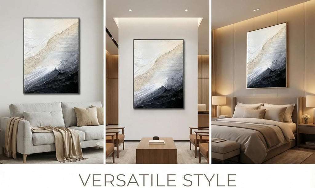 Large 3D Textured Coastal Wall Art in Black and White for Living Room, Hand-Painted Abstract Ocean Wave Oil Painting for Entryways, Modern Minimalist Framed Art for Bedroom Office Decor, Ready to Hang 32" x 48"
