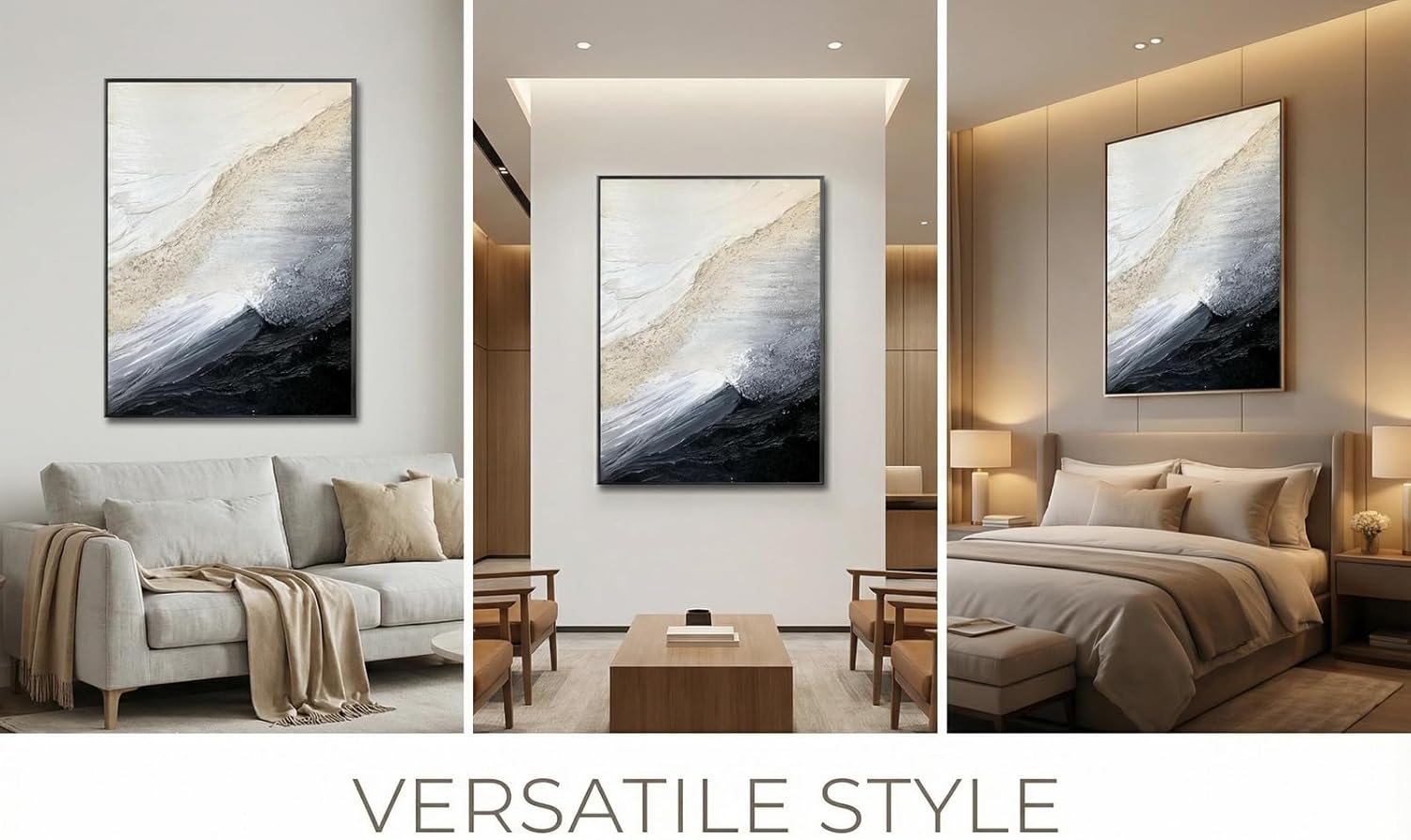 Large 3D Textured Coastal Wall Art in Black and White for Living Room, Hand-Painted Abstract Ocean Wave Oil Painting for Entryways, Modern Minimalist Framed Art for Bedroom Office Decor, Ready to Hang 32" x 48"