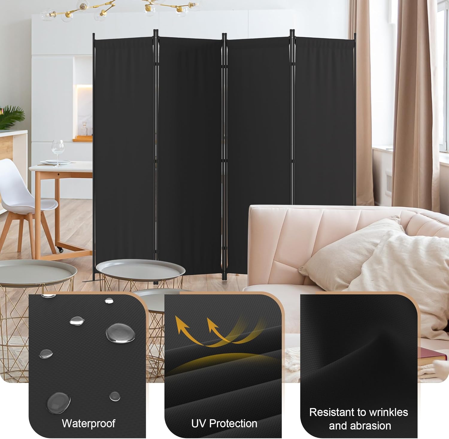 Room Divider, 4 Panel Folding Privacy Screen, 88” Portable Separating with 3 Metal Feet, Partition Room Dividers, Lightweight Freestanding Wall Divider Screen for Office Bedroom Hospital(Black)