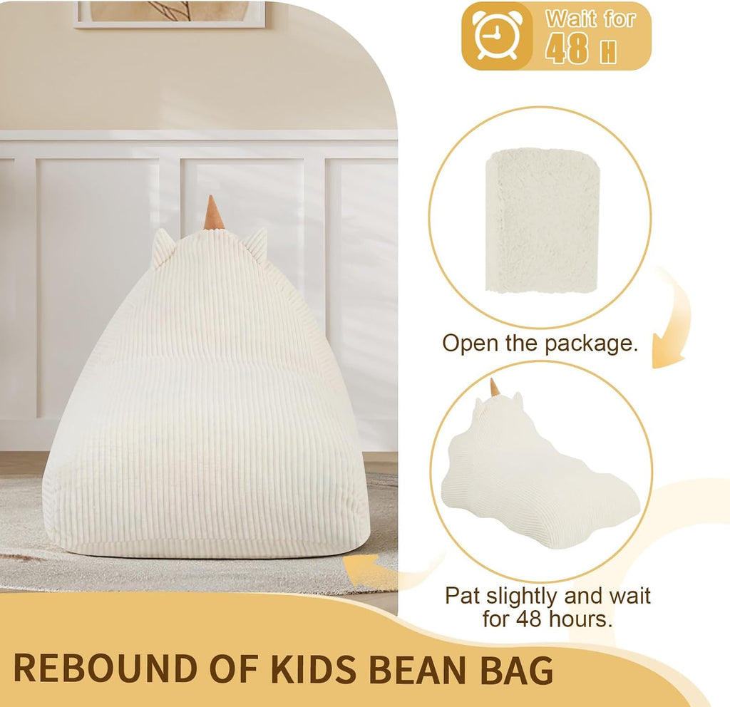 COMAX Bean Bag Chairs for Kids, Unicorn Kid Beanbag Chair with Filler, Toddler Lounge Bean Chair Corduroy, Lazy Floor Lounger for Girls and Boys Stuffed, Beige