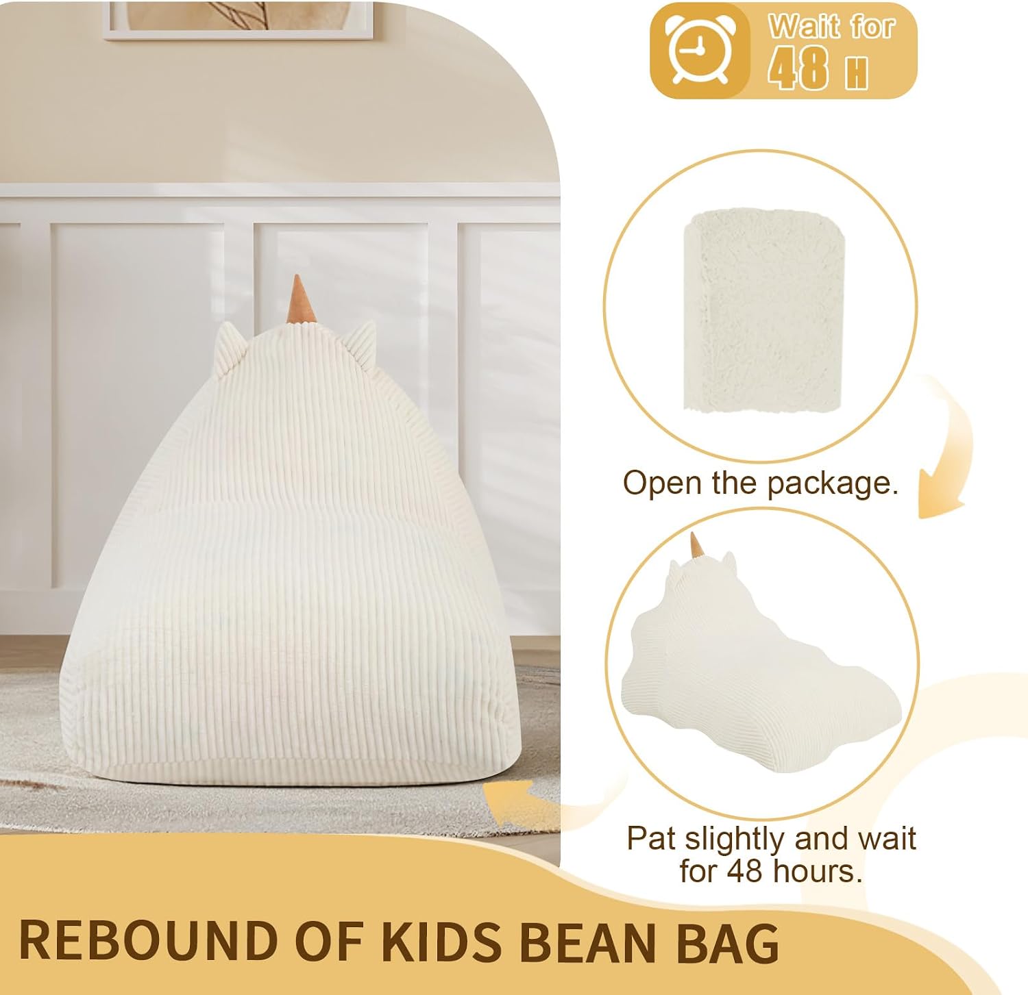 COMAX Bean Bag Chairs for Kids, Unicorn Kid Beanbag Chair with Filler, Toddler Lounge Bean Chair Corduroy, Lazy Floor Lounger for Girls and Boys Stuffed, Beige