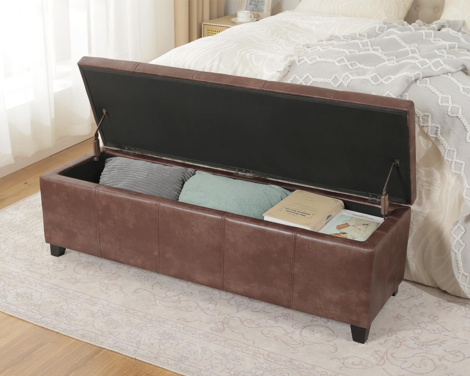 Homebeez 48" Faux Leather Storage Ottoman,End of Bed Bench,Upholstered Ottoman Bench with Storage for Living Room,Bedroom,Entryway