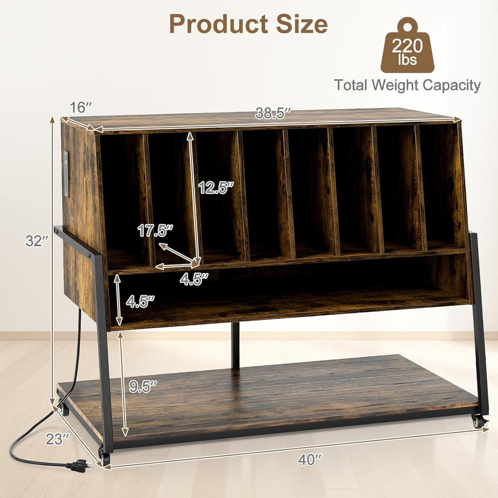 Giantex Large Record Player Stand with Charging Station, Turntable Stand with Storage Shelves & Wheels, Record Storage Table with Adjustable Foot Pads for Living Room, Music Room (Rustic Brown)