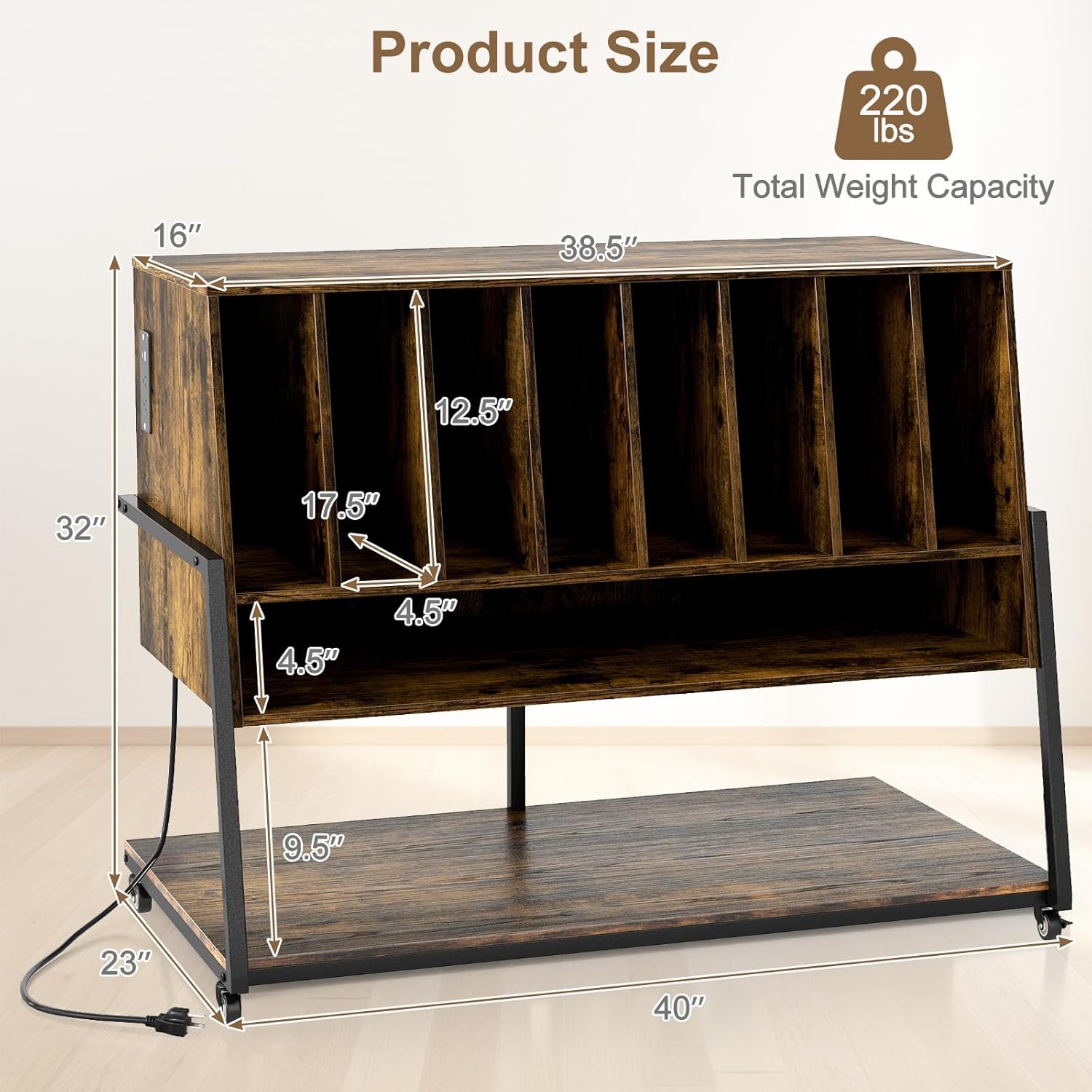 Giantex Large Record Player Stand with Charging Station, Turntable Stand with Storage Shelves & Wheels, Record Storage Table with Adjustable Foot Pads for Living Room, Music Room (Rustic Brown)