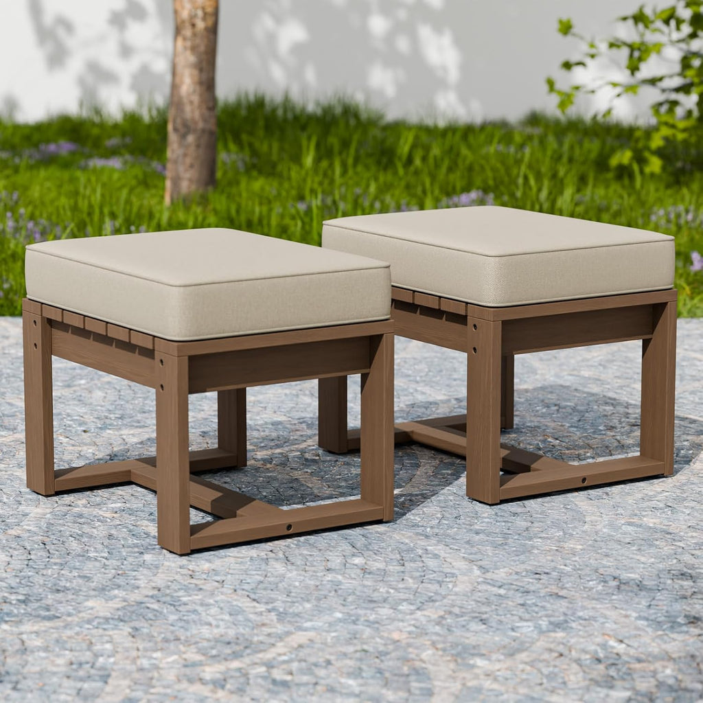 Rustic Hideaway Natural Cedar Wood Ottoman Foot Rest, Patio Foot Stools Ottomans with Removable Cushions, Outdoor Real Wood Footrest, 2 Pieces, Brownish/Beige
