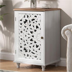 JOINICE Accent Storage Cabinet with Mandala Carved Doors,Small,White | Handcrafted Distressed Carvings,Vintage Floral Design for living room & office & bedroom,Solid Wood Legs,Adjustable Shelves