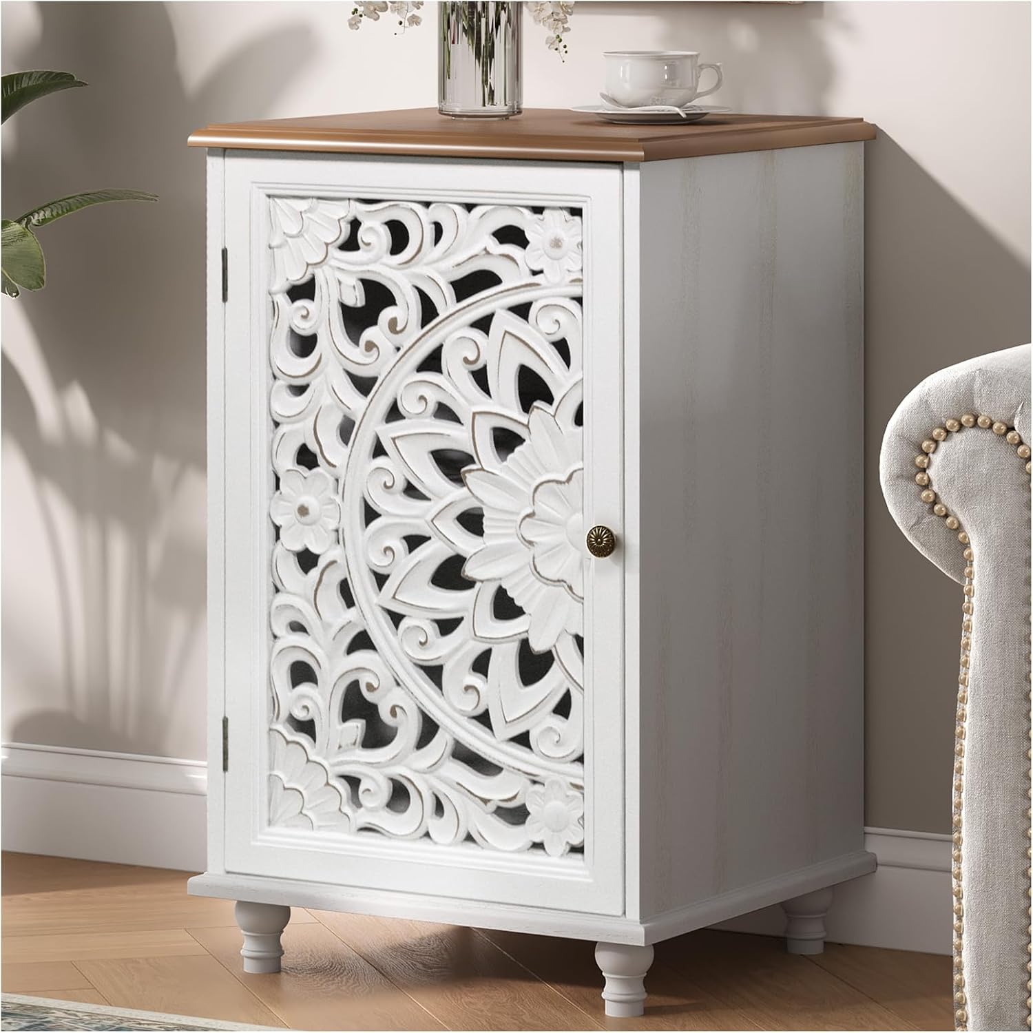 JOINICE Accent Storage Cabinet with Mandala Carved Doors,Small,White | Handcrafted Distressed Carvings,Vintage Floral Design for living room & office & bedroom,Solid Wood Legs,Adjustable Shelves