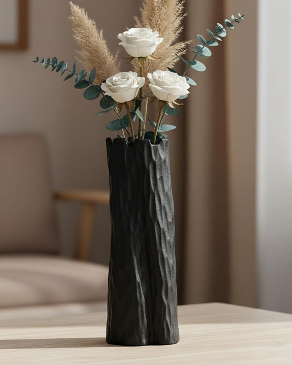 10.7 in Black Ceramic Flower Vase Organic Nature Shape Nordic Modern Style Ceramic Vase Shelf Home Living Room Coffee Table Centerpiece Black Vases Home Decor