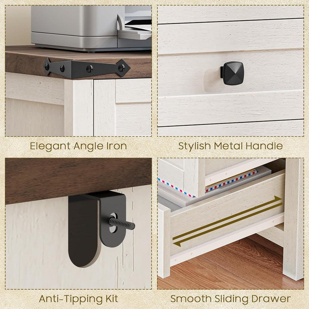 Halitaa 5 Drawer Storage Cabinet, Office Storage Cabinet with 5 Drawers, Small Farmhouse Printer Stand for Home Office, Rustic White and Brown