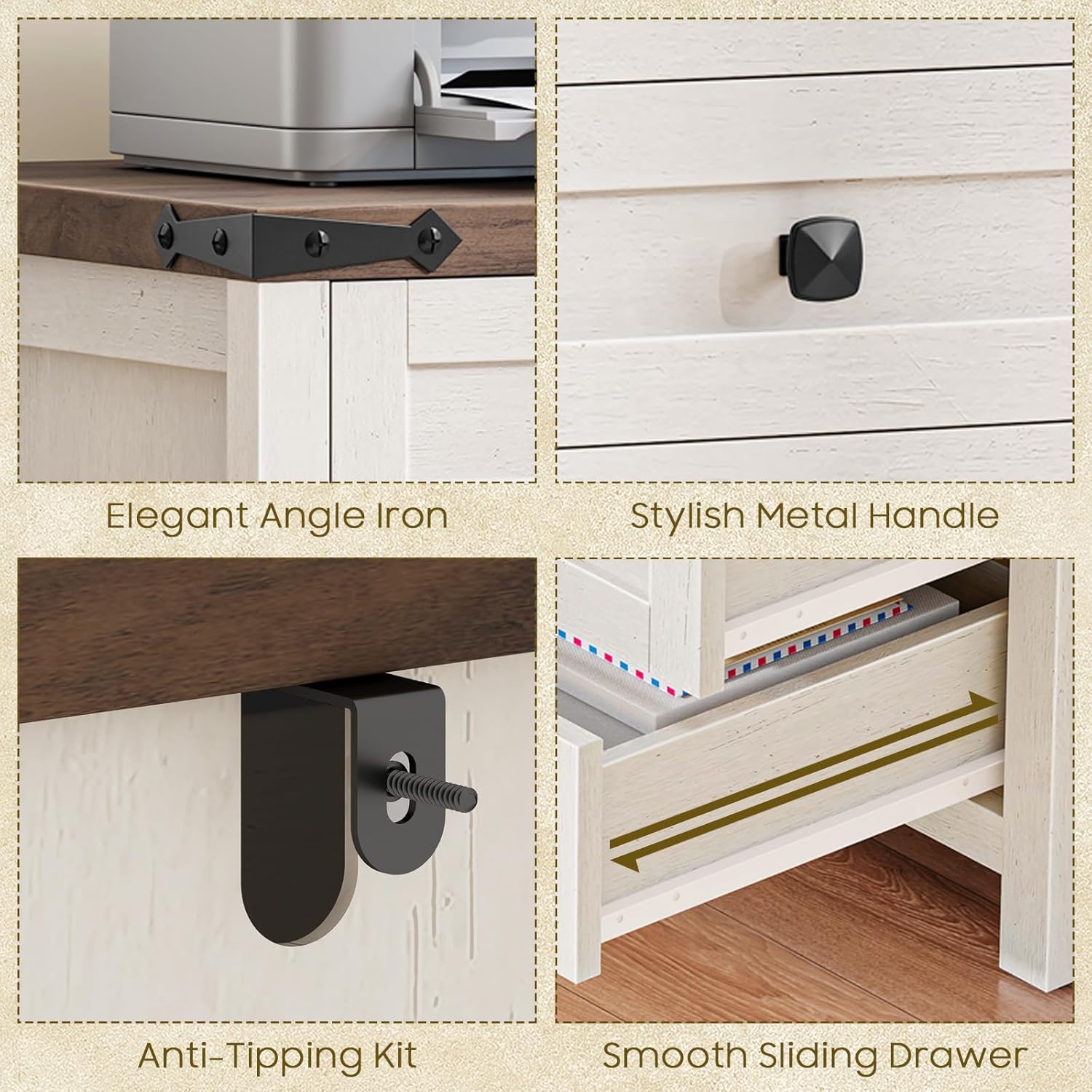 Halitaa 5 Drawer Storage Cabinet, Office Storage Cabinet with 5 Drawers, Small Farmhouse Printer Stand for Home Office, Rustic White and Brown