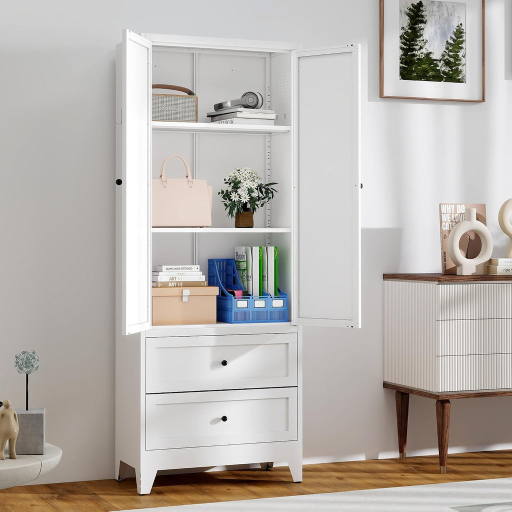 Kitchen Pantry Storage Cabinet, 72" H Storage Cabinet with 2 Drawers and Adjustable Shelves, Spacious Cupboard with Round Handles, Metal Kitchen Cabinet for Dining Room, Living Room, White