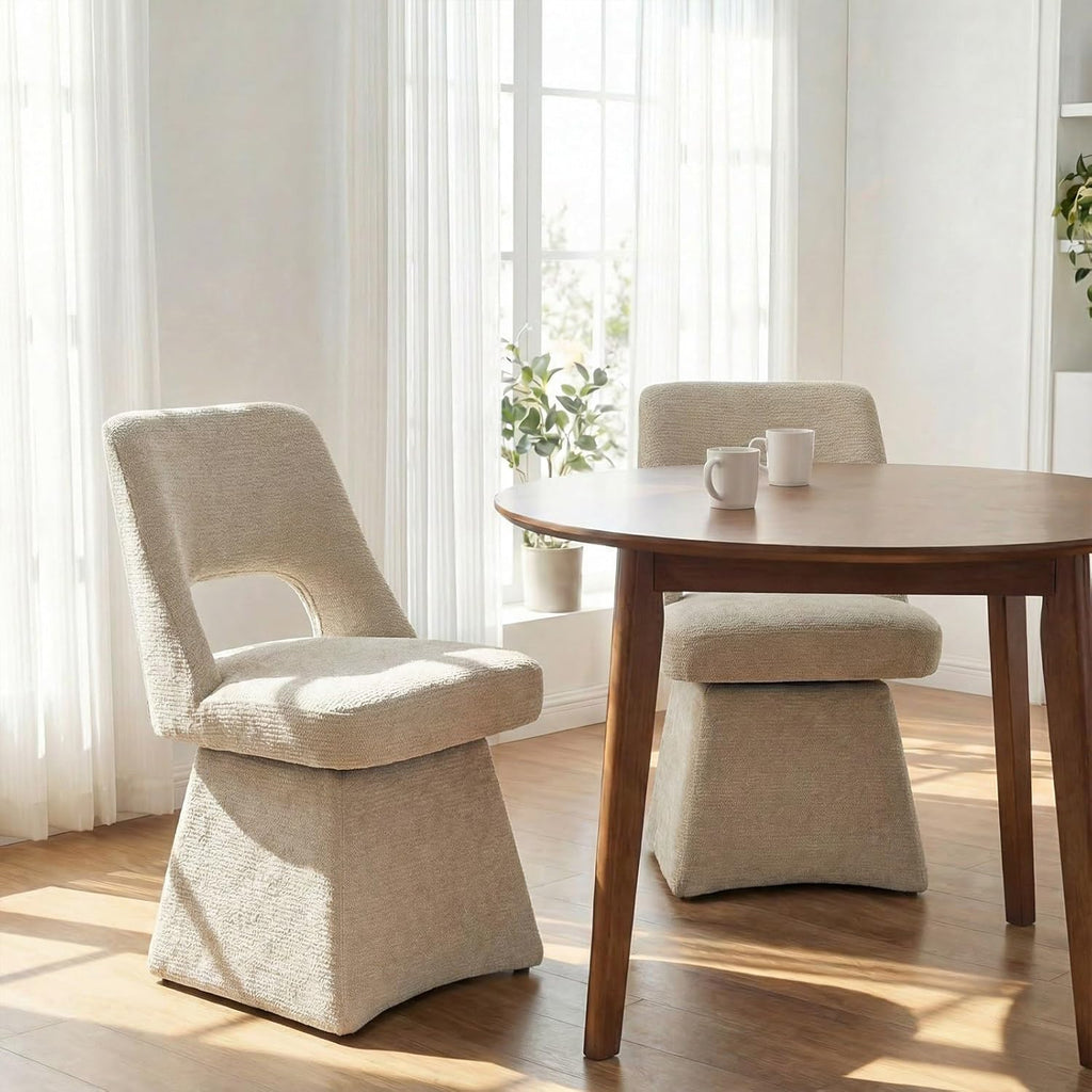 VKNOW Upholstered Swivel Dining Chairs, Modern Dining Room Chairs with Open Back, Chenille Fabric Kitchen Chairs for Dining Room, Living Room, Bedroom, Vanity, Khaki(1 Pack)