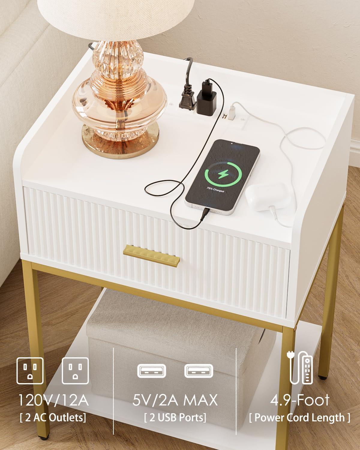 Nightstand with Charging Station, 3-Tier Bed Side Table, Small End Table, Night Stand with Open Shelf and Drawer, Bedside Table for Bedroom, Living Room, White