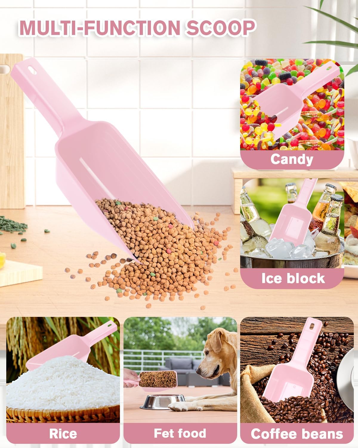 2 Cup Dog Food Scoop(2 Pack), Plastic Pet Food Scoop with Measuring Lines for Accurate Pet Food Portions,Dishwasher Safe (Pink)