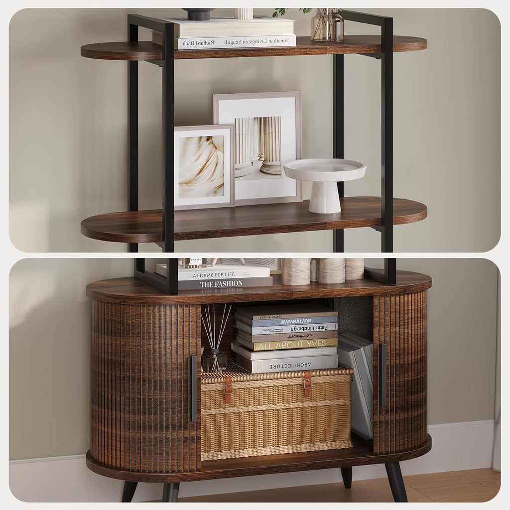Airynee 69'' Tall Bookshelf, 4-Tier Fluted Bookshelf, Storage Cabinet with Sliding Tambour Doors, Modern Bookcase with Adjustable Footpad & Metal Frame, for Living Room Home Office, Walnut