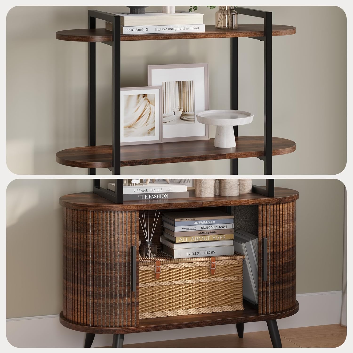 Airynee 69'' Tall Bookshelf, 4-Tier Fluted Bookshelf, Storage Cabinet with Sliding Tambour Doors, Modern Bookcase with Adjustable Footpad & Metal Frame, for Living Room Home Office, Walnut