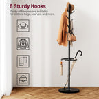 SLEEPING LAMB Coat Rack Freestanding with Umbrella Holder, Coat Hanger Stand with Wood Base Fits Entryway, Living Room, Bedroom, Office, Clothes Tree Holder with 8 Hooks for Jackets, Hats, Bags, Black