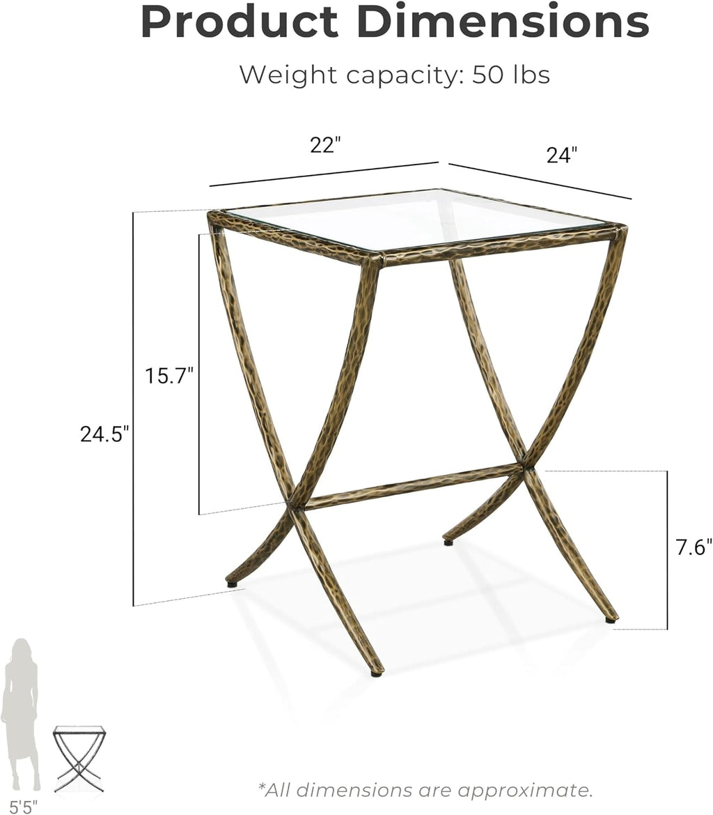 24/7 Shop at Home Lalia Modern 22-inch Metal Side Table with Tempered Glass Tabletop, Hammered Forged Steel Frame for Bedroom, Living Room, Home Office, Matte Gold