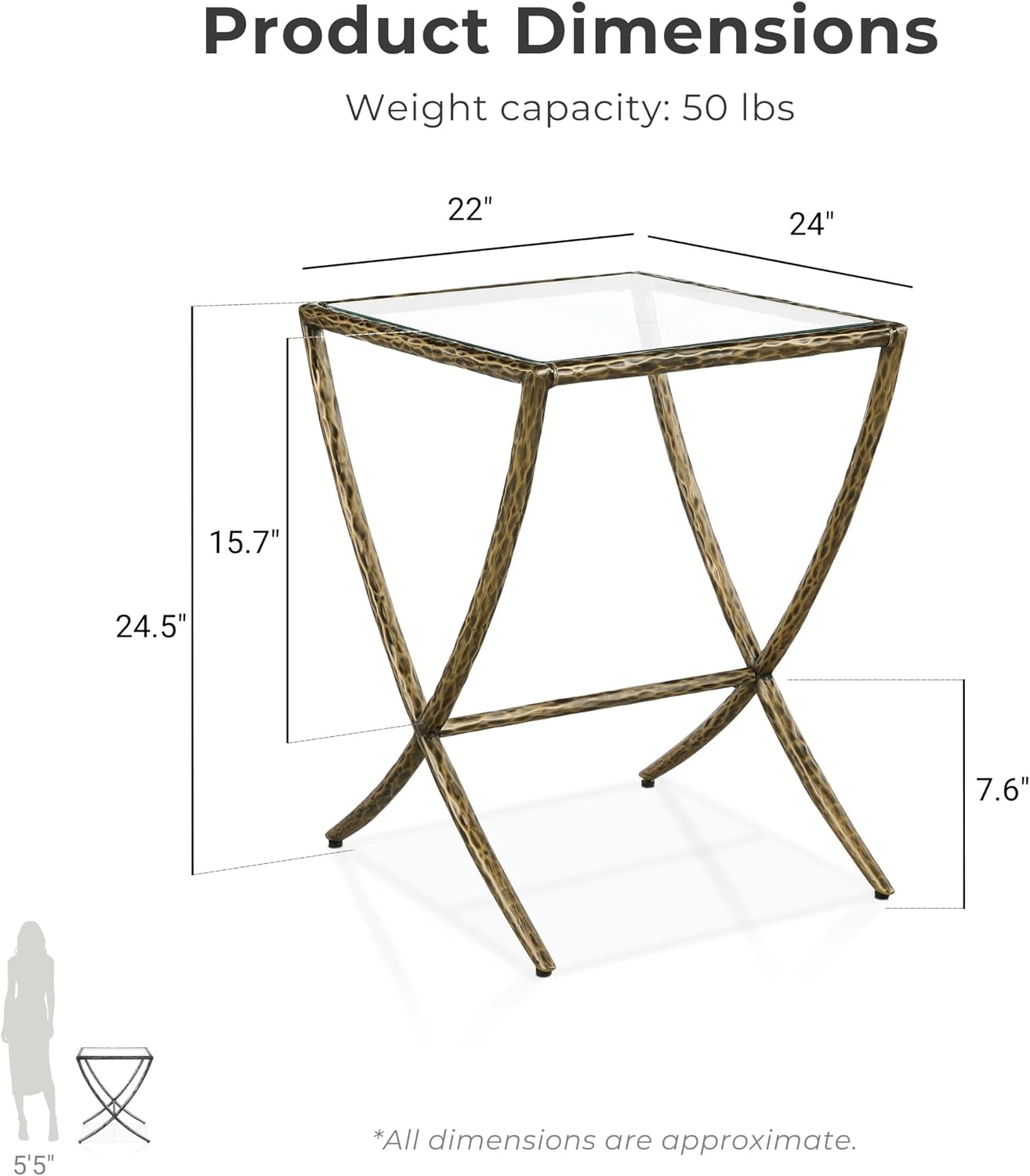 24/7 Shop at Home Lalia Modern 22-inch Metal Side Table with Tempered Glass Tabletop, Hammered Forged Steel Frame for Bedroom, Living Room, Home Office, Matte Gold