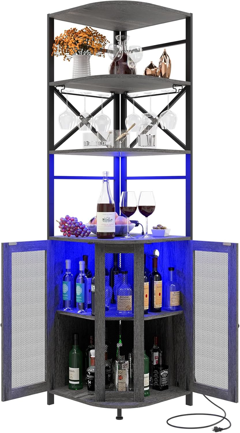Wine Bar Cabinet with Power Outlet, 6-Tiers Industrial Wine Cabinet with LED Light and Glass Holder, Corner Bar Cabinet with Adjustable Shelf and Mesh Door, Liquor Cabinet Bar for Home