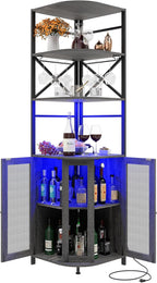 Wine Bar Cabinet with Power Outlet, 6-Tiers Industrial Wine Cabinet with LED Light and Glass Holder, Corner Bar Cabinet with Adjustable Shelf and Mesh Door, Liquor Cabinet Bar for Home