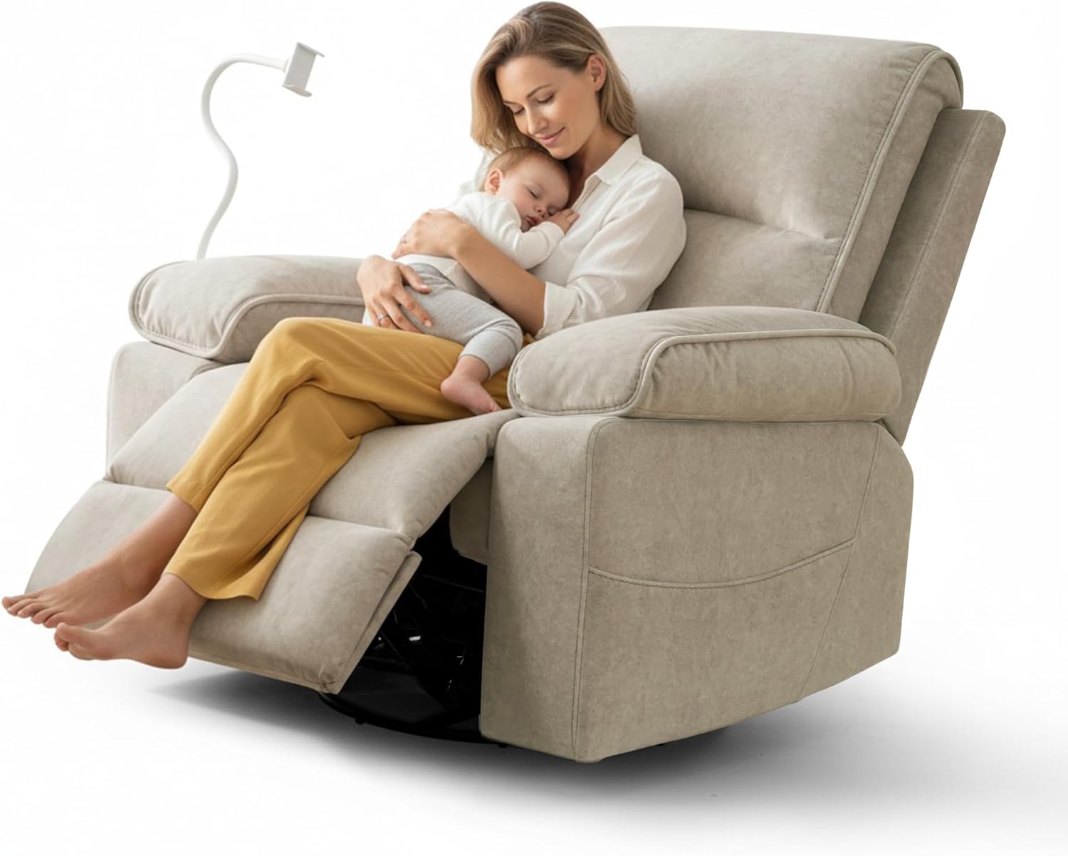 YuuYee Nursery Rocking Chairs Glider Recliner with Flexible Phone Holder, Oversized 360° Swivel Rocker Recliner, Comfortable Nursing Chair for Baby Breastfeeding, Manual Reclining, Velvet, Beige